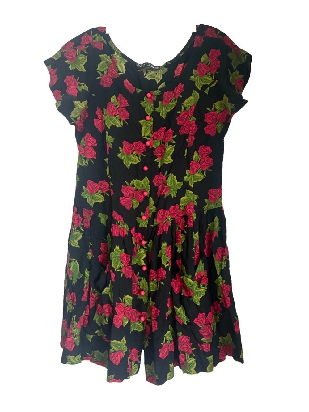 Betsey Johnson Black Mini Dress with red Rose green Print cabbage 90s y2k VTG